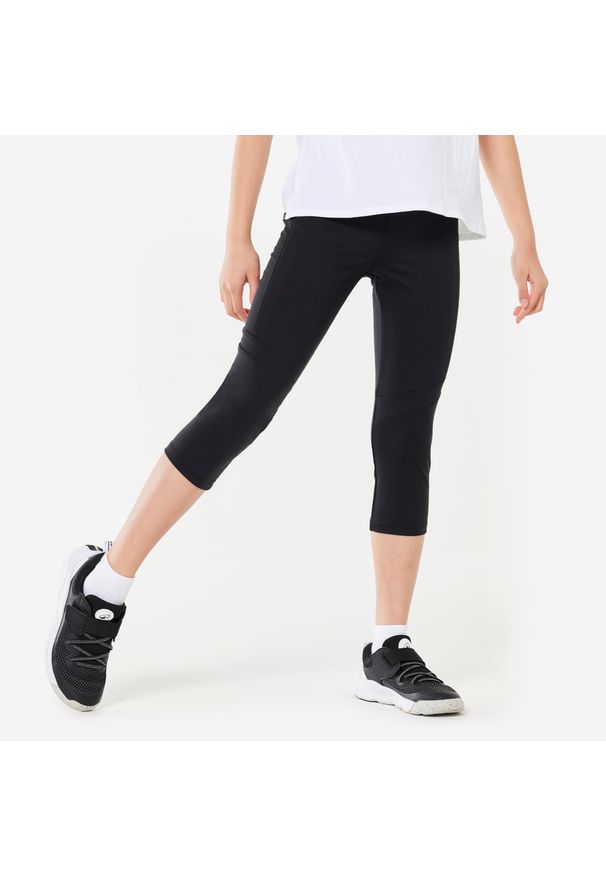DOMYOS - Legginsy dziecięce Domyos S500 krótkie. Stan: podwyższony. Kolor: czarny. Materiał: poliester, materiał, elastan. Długość: krótkie