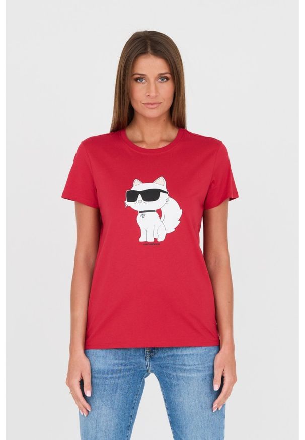 Karl Lagerfeld - KARL LAGERFELD Czerwony t-shirt z kotem. Kolor: czerwony