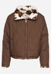 Born2be - Brązowa Dwustronna Pikowana Kurtka z Futerkiem w Łaty Meviatella. Okazja: na co dzień. Kolor: brązowy. Materiał: futro. Styl: casual, klasyczny #7