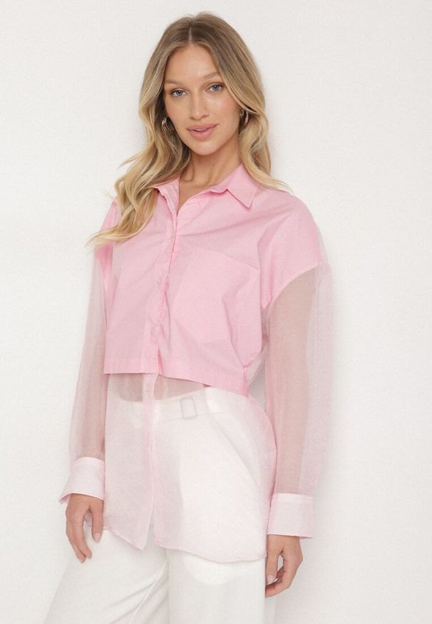 Born2be - Różowa Koszula z Transparentnymi Rękawami Silomea. Okazja: na co dzień. Kolor: różowy. Materiał: jeans. Wzór: aplikacja. Styl: casual