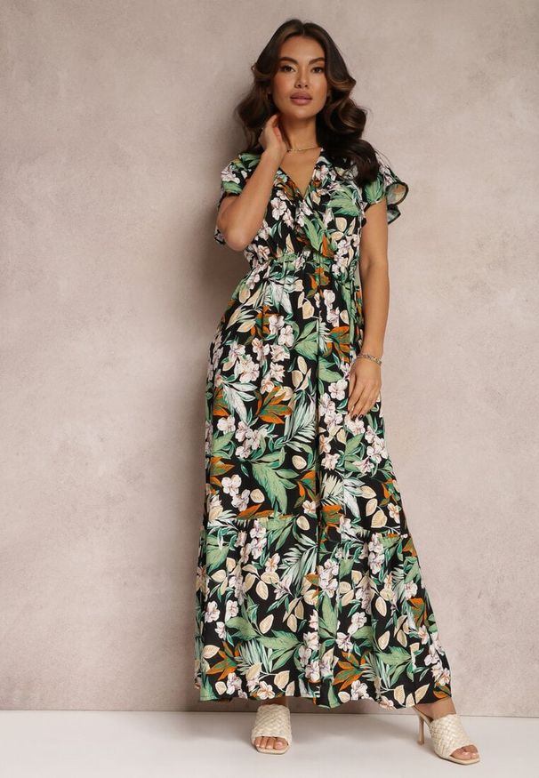 Renee - Zielono-Czarna Sukienka z Wiskozy Maxi w Kwiaty Mahiza. Typ kołnierza: dekolt kopertowy. Kolor: zielony. Materiał: wiskoza. Długość rękawa: krótki rękaw. Wzór: kwiaty. Typ sukienki: kopertowe. Długość: maxi