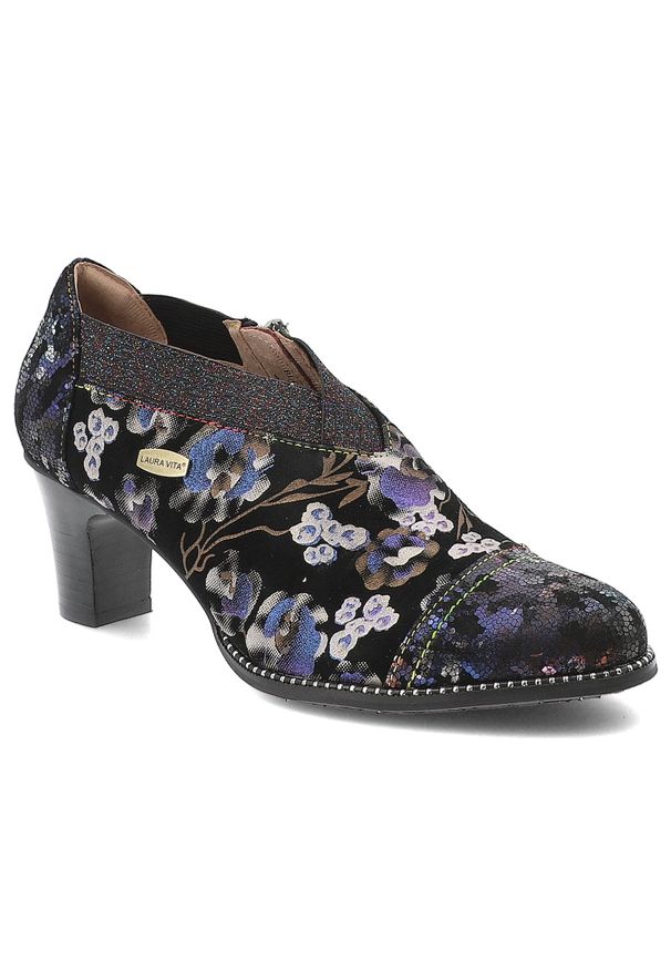 Niebieskie Półbuty Laura Vita Eleganckie Obuwie Damskie Premium. Okazja: na co dzień. Kolor: niebieski. Wzór: kwiaty. Obcas: na obcasie. Styl: elegancki. Wysokość obcasa: średni