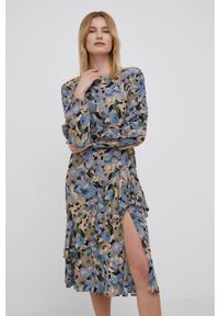 Vero Moda sukienka midi rozkloszowana. Kolor: niebieski. Materiał: tkanina, materiał, wiskoza. Długość rękawa: długi rękaw. Typ sukienki: rozkloszowane. Długość: midi #2
