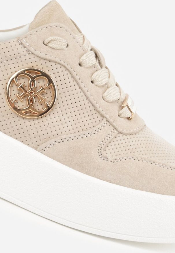 Renee - Beżowe Skórzane Sneakersy na Platformie z Metaliczną Aplikacją Idapheosis. Okazja: na co dzień. Kolor: beżowy. Materiał: skóra. Wzór: aplikacja. Obcas: na platformie