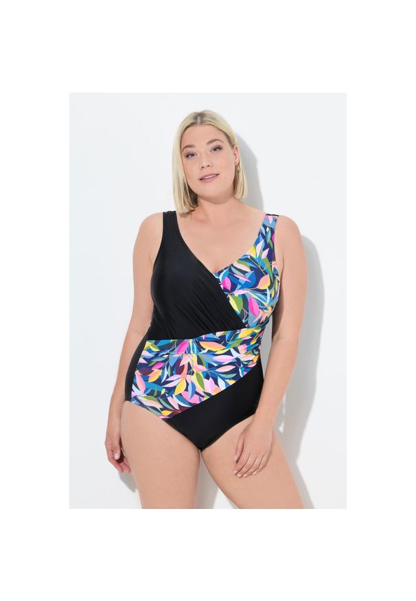 ULLA POPKEN - Damski Strój kąpielowy liście drapowany miękkie miseczki z recyklingu. Kolekcja: plus size. Kolor: czarny. Materiał: elastan, poliamid, materiał