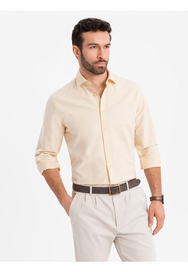 Ombre Clothing - Pastelowa bawełniana męska koszula typu oxford – jasnożółta V3 - Rozmiar: M. Kolor: żółty. Materiał: bawełna. Wzór: aplikacja, ze splotem. Styl: klasyczny, elegancki