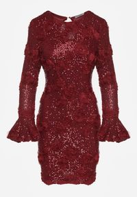 Born2be - Bordowa Cekinowa Sukienka z Kwiatami 3D Naweda. Okazja: na spotkanie biznesowe. Kolor: czerwony. Materiał: poliester, jeans. Wzór: kwiaty. Styl: biznesowy #2
