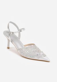 Renee - Srebrne Siateczkowe Czółenka na Szpilce VICES Ozdobione Cyrkoniami i Brokatem Orinelis. Zapięcie: sprzączka. Kolor: srebrny. Materiał: satyna. Szerokość cholewki: normalna. Wzór: aplikacja. Obcas: na szpilce. Styl: glamour #9