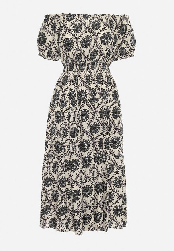 Born2be - Szaro-Beżowa Wiskozowa Sukienka Hiszpanka z Gumką w Pasie i przy Rękawkach Yilalama. Okazja: na co dzień. Typ kołnierza: dekolt hiszpanka. Kolor: szary. Materiał: wiskoza. Długość rękawa: krótki rękaw. Styl: casual