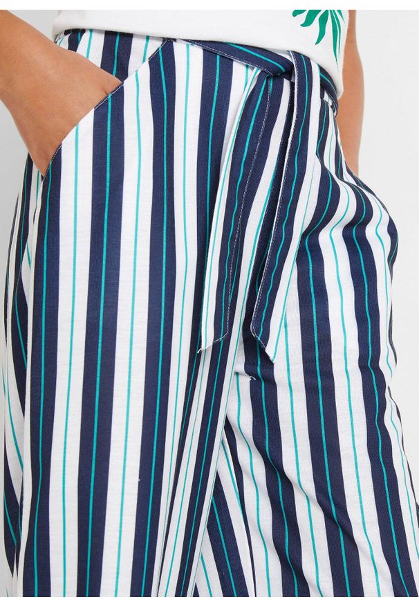 bonprix - Spodnie palazzo z elastycznym paskiem. Kolor: niebieski. Wzór: aplikacja, paski