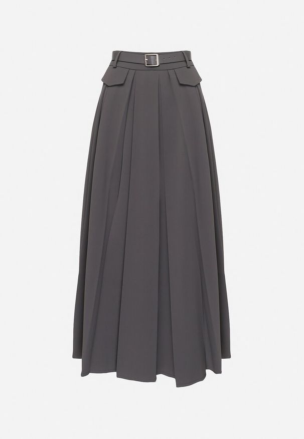 Born2be - Ciemnoszara Rozkloszowana Spódnica z Szerokimi Plisami i Paskiem w Komplecie Henlitta. Kolor: szary. Styl: elegancki