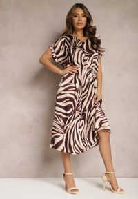 Renee - Brązowo-Beżowa Midi Sukienka Pudełkowa w Animal Print z Paskiem Avula. Kolor: brązowy. Wzór: nadruk. Styl: klasyczny, elegancki. Długość: midi #1