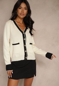 Renee - Beżowy Kardigan z Wiskozą Lamówką i Guzikami Halisette. Okazja: na co dzień. Kolor: beżowy. Materiał: wiskoza. Styl: klasyczny, elegancki, casual #5