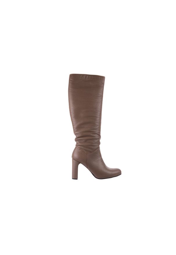 Kozaki Bayla-130 4859 Ciemnobeżowe, Skóra naturalna - 40. Zapięcie: zamek. Kolor: beżowy. Materiał: skóra. Szerokość cholewki: normalna. Obcas: na obcasie. Styl: elegancki. Wysokość obcasa: średni