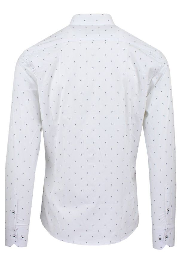 Męska Koszula, Taliowana (Slim Fit) - Rigon - Biała, Delikatny Wzór. Okazja: na spotkanie biznesowe, do pracy. Kolor: biały. Materiał: poliester, elastan, bawełna. Długość rękawa: długi rękaw. Długość: długie. Styl: elegancki, biznesowy, wizytowy