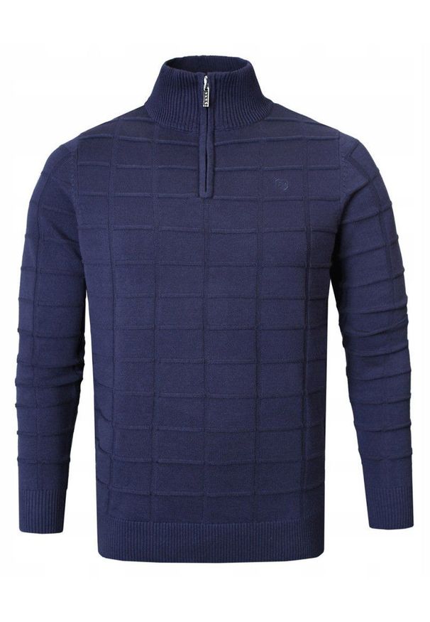 Elegancki Sweter Męski (Zamek) - Pako Jeans - Wysoki Dekolt, Granatowy. Kolor: niebieski. Materiał: bawełna. Styl: elegancki