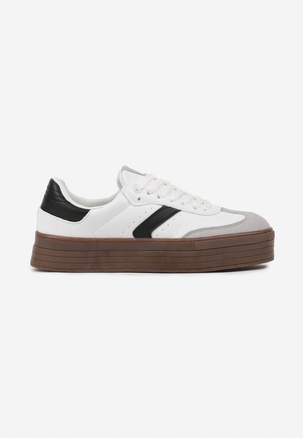 Renee - Białe Sneakersy na Niskiej Platformie z Ekozamszowymi Wstawkami Irisca. Okazja: na co dzień. Nosek buta: okrągły. Kolor: biały. Materiał: jeans. Wzór: kolorowy. Sezon: wiosna, lato. Obcas: na platformie