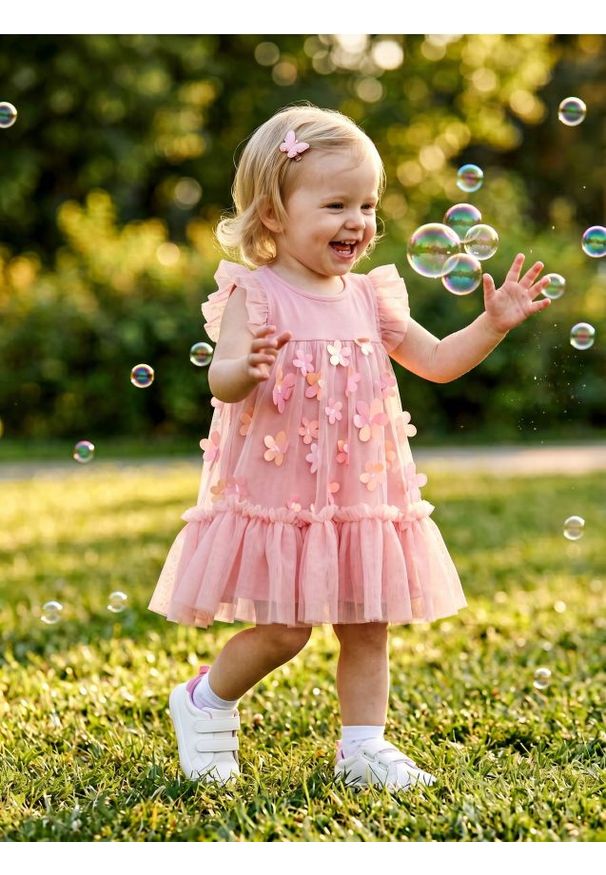 Sinsay - Tiulowa sukienka babydoll z elementami 3D - różowy. Kolor: różowy. Materiał: tiul