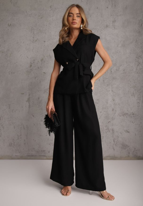 Renee - Czarny Wiskozowy Komplet Garniturowy Spodnie Wide Leg i Kamizelka z Paskiem Elyenryl. Kolor: czarny. Materiał: wiskoza
