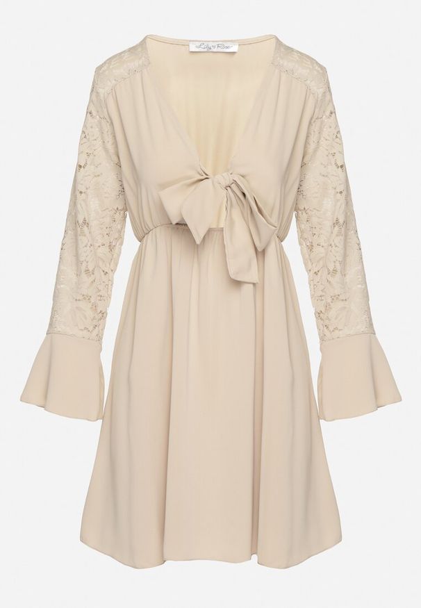 Born2be - Beżowa Sukienka z Koronkowymi Rękawami i Gumką z Wiązaniem w Talii Vubatia. Kolor: beżowy. Materiał: koronka