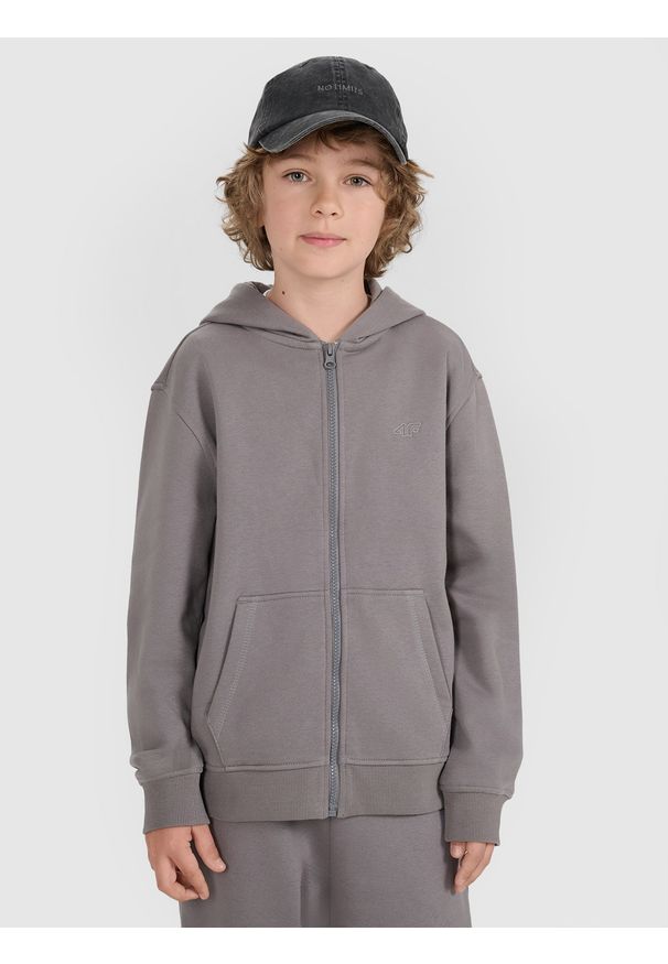 4f - 4F Bluza dresowa rozpinana z kapturem chłopięca - szara 134 (8-9 lat). Okazja: na co dzień. Typ kołnierza: kaptur. Kolor: szary. Materiał: dresówka. Wzór: gładki, ze splotem. Sezon: lato. Styl: casual, sportowy