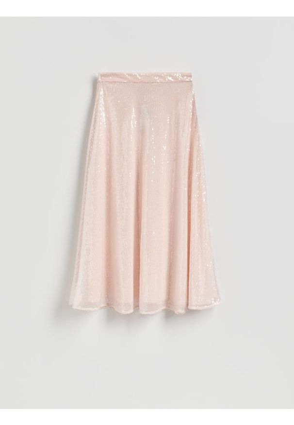 Reserved - Spódnica midi z cekinami - różowy. Kolor: różowy. Materiał: dzianina