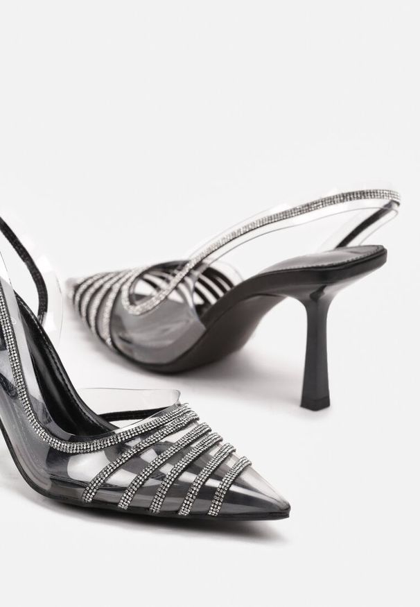 Renee - Czarne Szpilki z Transparentnym Noskiem z Cyrkoniami Arrsela. Okazja: na co dzień. Kolor: czarny. Materiał: jeans. Wzór: aplikacja. Obcas: na szpilce. Styl: elegancki, casual. Wysokość obcasa: wysoki