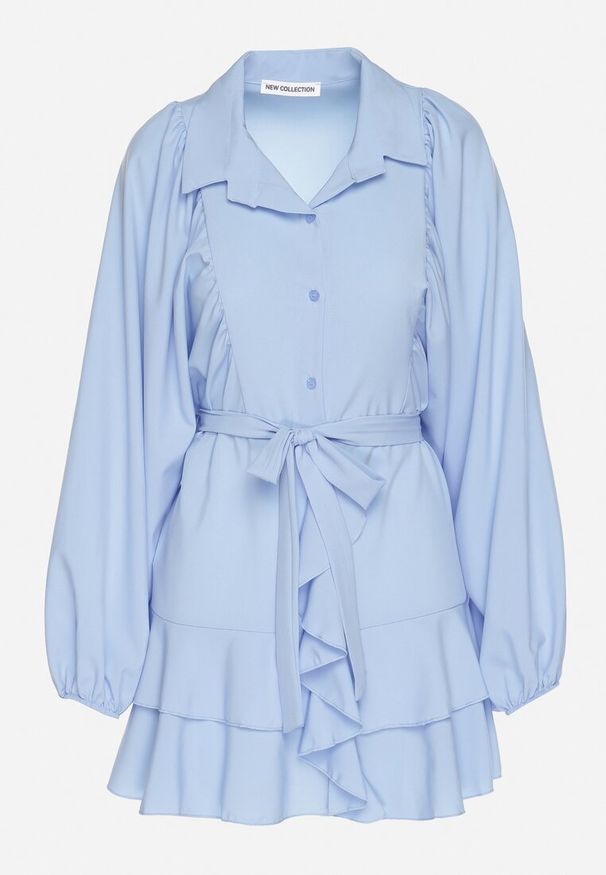 Born2be - Jasnoniebieska Sukienka Ozdobiona Paskiem i Falbanami Divilena. Okazja: na co dzień. Kolor: niebieski. Materiał: jeans. Wzór: aplikacja. Styl: elegancki, casual