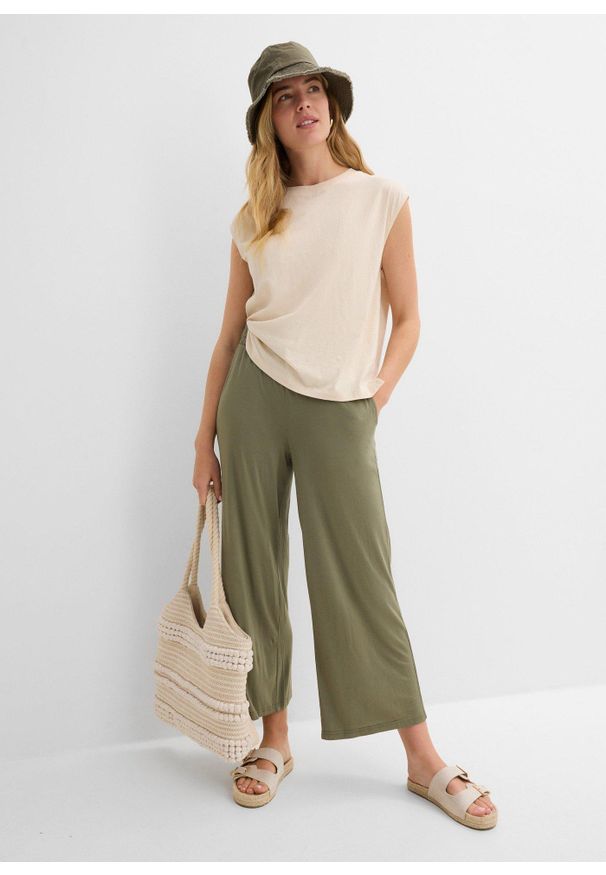 bonprix - Spodnie z dżerseju 7/8, z lejącej mieszanki wiskozy. Kolor: zielony. Materiał: wiskoza, jersey