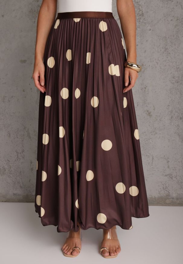 Renee - Brązowa Rozkloszowana Spódnica Plisowana High Waist w Groszki Telede. Stan: podwyższony. Kolor: brązowy. Długość: krótkie. Wzór: grochy. Styl: retro