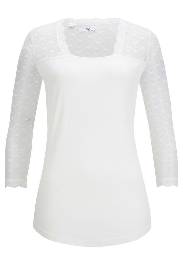 Shirt z koronką, rękawy 3/4 bonprix biały. Kolor: biały. Materiał: materiał, elastan, wiskoza, poliamid. Wzór: koronka