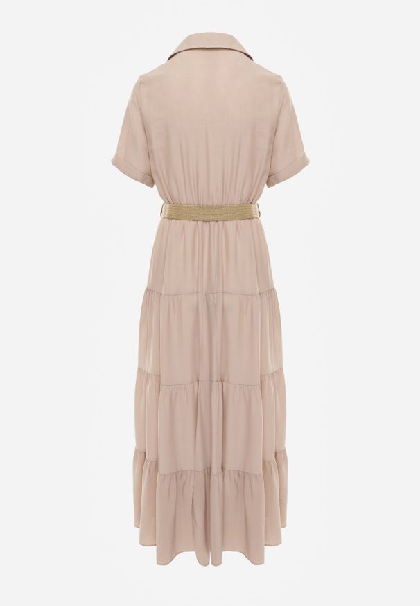 Born2be - Beżowa Sukienka Granet. Kolor: beżowy. Materiał: tkanina. Długość rękawa: krótki rękaw. Wzór: aplikacja, gładki. Typ sukienki: rozkloszowane. Styl: retro, klasyczny. Długość: maxi