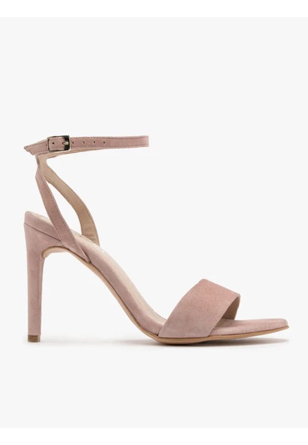 Ryłko - Pudrowo-różowe sandały na wysokiej szpilce. Kolor: różowy. Materiał: skóra, welur. Obcas: na obcasie. Styl: street. Wysokość obcasa: średni