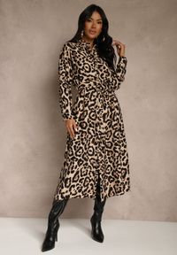 Renee - Panterkowa Sukienka z Wiskozą o Koszulowym Kroju z Wiązaniem Saros. Okazja: na co dzień, na randkę. Materiał: wiskoza. Typ sukienki: koszulowe. Styl: casual #1