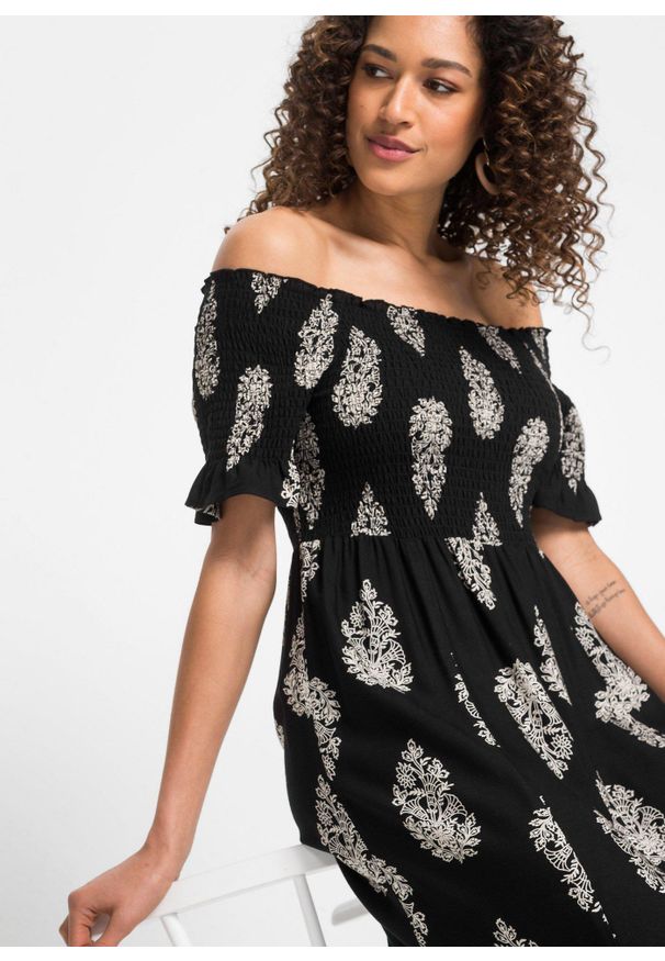 bonprix - Sukienka z dekoltem carmen, z lejącej wiskozy. Typ kołnierza: typu carmen. Kolor: czarny. Materiał: wiskoza. Sezon: lato. Długość: maxi