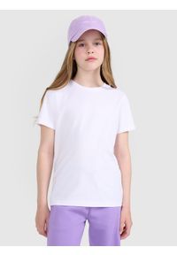 4f - 4F T-shirt regular gładki dziewczęcy - biały 128 (7-8 lat). Okazja: na co dzień. Kolor: biały. Materiał: bawełna, jersey, materiał. Długość rękawa: krótki rękaw. Długość: krótkie. Wzór: gładki. Sezon: lato. Styl: sportowy, młodzieżowy, klasyczny, casual