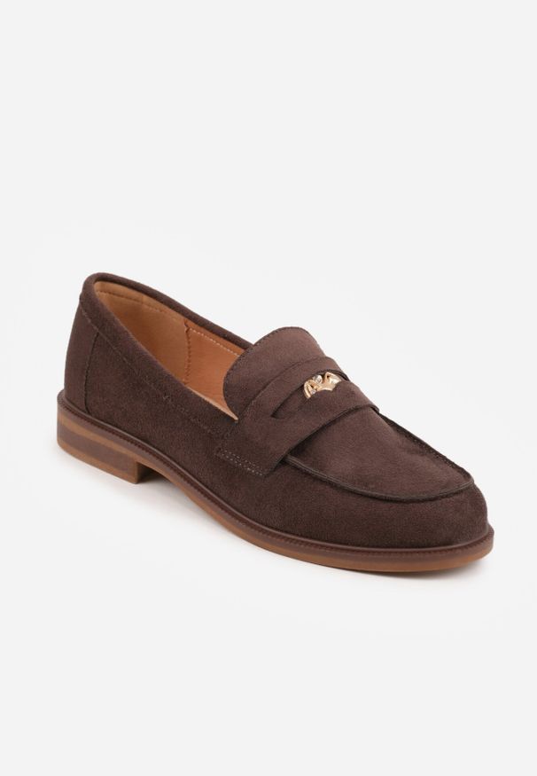 Born2be - Ciemnobrązowe Mokasyny VICES z Wkładką ze Skóry Naturalnej i Metaliczną Aplikacją Nanora. Nosek buta: okrągły. Kolor: brązowy. Materiał: skóra. Wzór: aplikacja. Obcas: na obcasie. Styl: klasyczny. Wysokość obcasa: niski