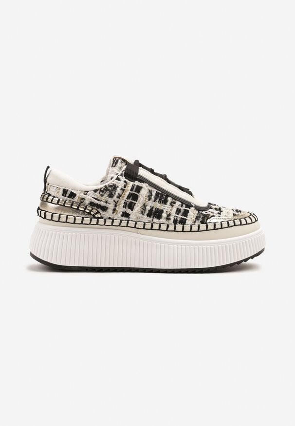 Renee - Czarno-Białe Sneakersy z Tweedowymi Zdobieniami i Przeszyciami na Platformie Ulandrelia. Okazja: na co dzień, do pracy. Kolor: czarny. Wzór: aplikacja. Obcas: na platformie