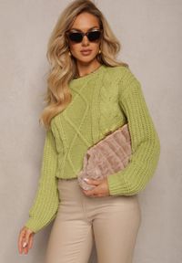 Renee - Jasnozielony Klasyczny Sweter z Modnym Splotem Wykończony Ściągaczami Viala. Kolor: zielony. Wzór: ze splotem. Sezon: zima. Styl: klasyczny #3