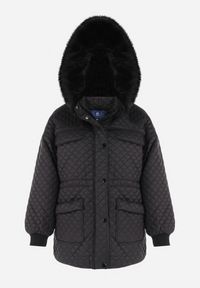 Born2be - Czarna Kurtka z Futrzanym Kapturem i Drobnym Pikowaniem Esdrage. Kolor: czarny. Materiał: futro. Wzór: jednolity. Sezon: wiosna, jesień #8