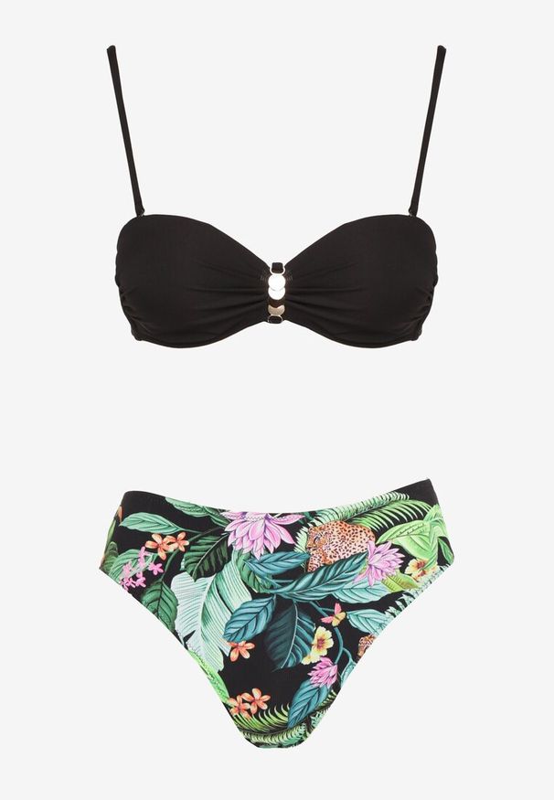 Born2be - Czarno-Zielone Bikini Biustonosz z Metalicznymi Ozdobami i Figi w Abstrakcyjny Wzór Ulosilla. Kolor: czarny. Wzór: aplikacja