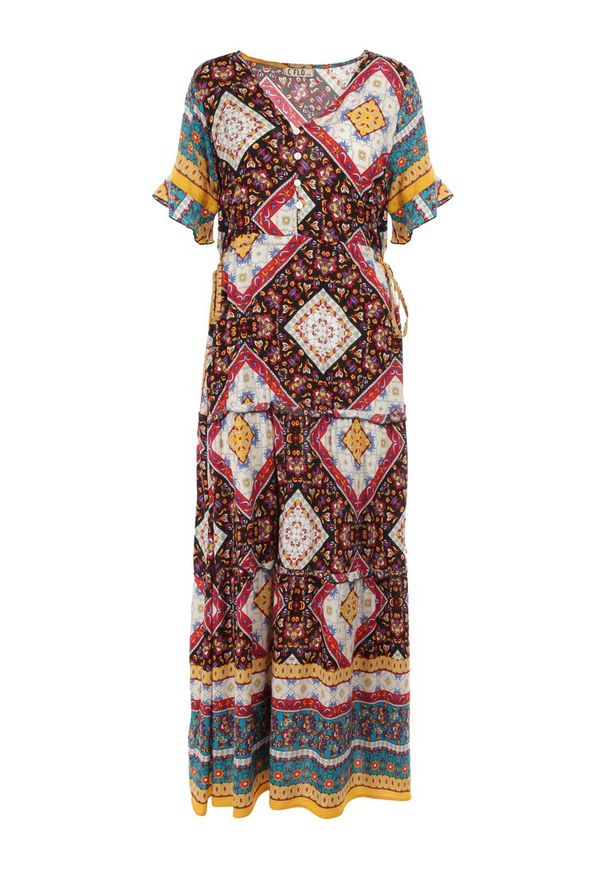 Born2be - Czarno-Czerwona Sukienka z Wiskozy Aegosa. Typ kołnierza: kołnierz z falbankami. Kolor: czarny. Materiał: wiskoza. Długość rękawa: krótki rękaw. Sezon: lato. Styl: boho. Długość: maxi