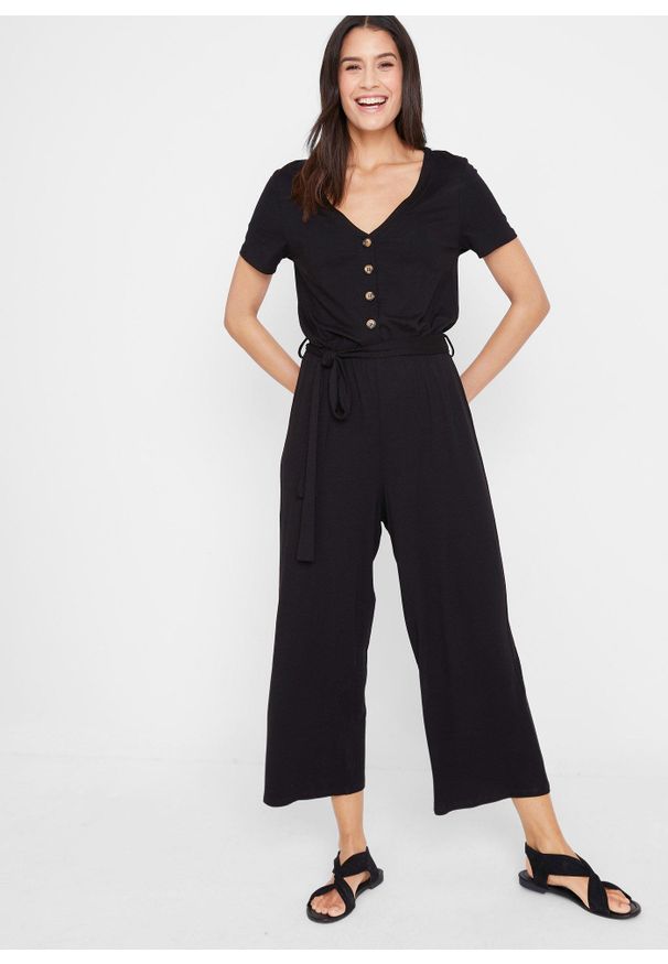 bonprix - Kombinezon z dżerseju z dekoltem w serek, krótki rękaw. Kolor: czarny. Materiał: jersey. Długość rękawa: krótki rękaw. Długość: krótkie