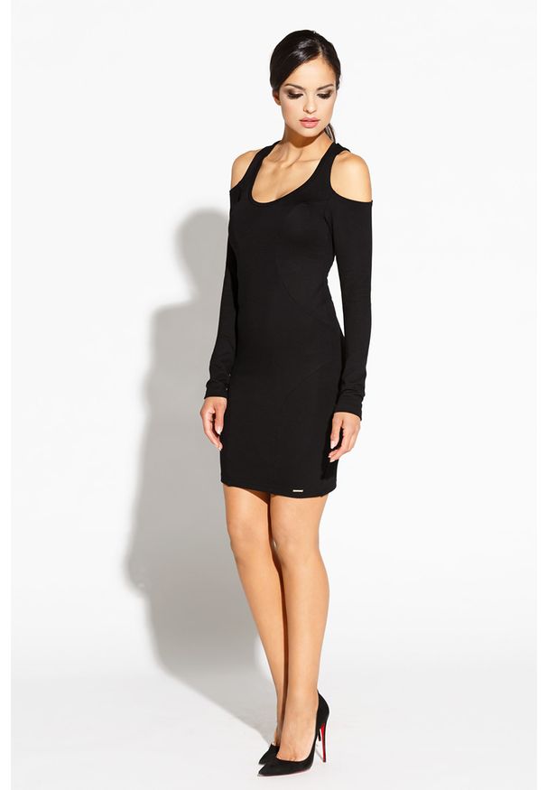 Dursi - Czarna Ołówkowa Sukienka z Wyciętymi Ramionami. Kolor: czarny. Materiał: elastan, wiskoza, poliamid. Typ sukienki: ołówkowe