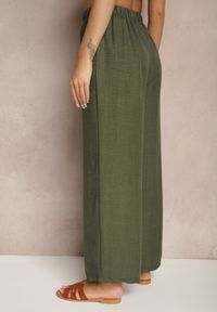 Renee - Ciemnozielone Spodnie Typu Palazzo High Waist o Szerokim Kroju Arathira. Okazja: na co dzień, na imprezę. Stan: podwyższony. Kolor: zielony. Materiał: jedwab. Długość: długie. Styl: elegancki, casual #3