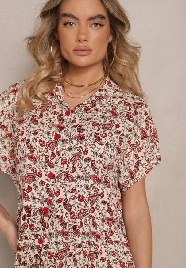 Renee - Brązowa Sukienka z Bawełny w Print Paisley o Koszulowym Kroju Celluria. Okazja: na spacer. Typ kołnierza: dekolt w kształcie V. Kolor: brązowy. Materiał: bawełna. Długość rękawa: krótki rękaw. Wzór: paisley, nadruk. Typ sukienki: koszulowe
