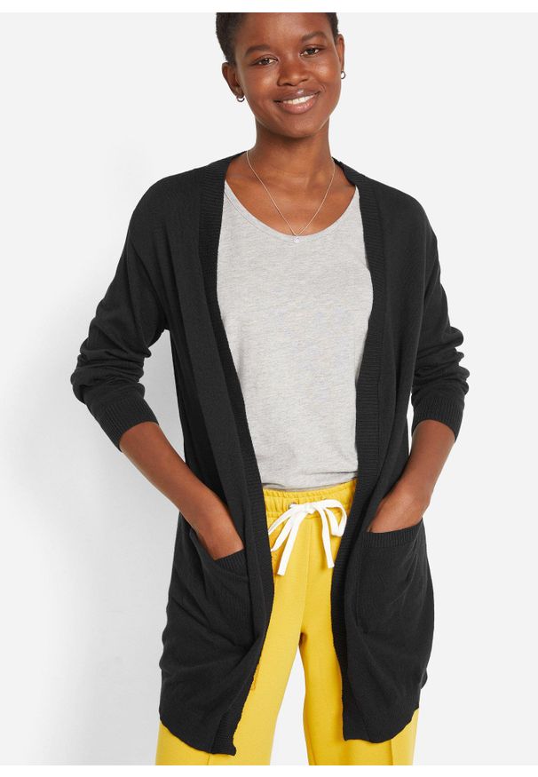 bonprix - Sweter bawełniany bez zapięcia, z dzianiny o splocie drobnych oczek. Kolor: czarny. Materiał: dzianina, bawełna. Wzór: ze splotem