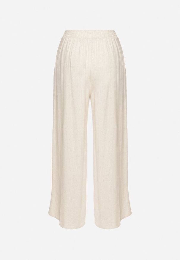 Born2be - Beżowe Spodnie z Lnem o Szerokim Kroju z Wysokim Stanem Sanoreth. Okazja: na spacer, na co dzień. Stan: podwyższony. Kolor: beżowy. Materiał: len. Długość: długie. Styl: casual