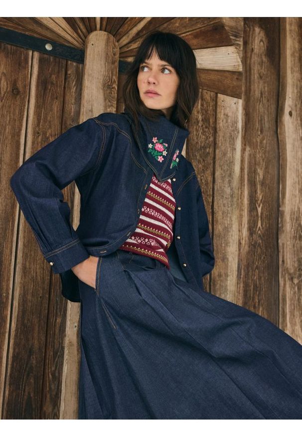 Reserved - Jeansowa spódnica midi - granatowy. Kolor: niebieski. Materiał: jeans