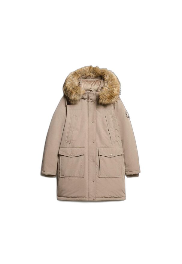 Parka z sztucznego futra damska Superdry Everest. Kolor: beżowy. Materiał: futro. Sezon: zima